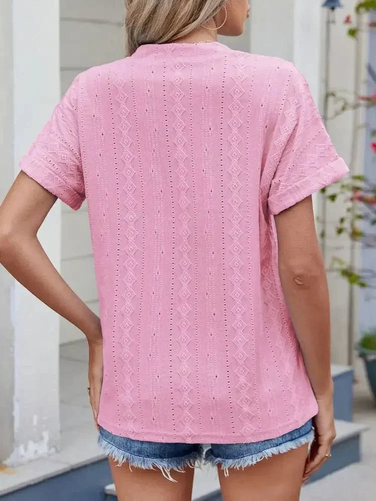 Eyelet Notched Short Sleeve Top - Update AvenueT-ShirtsTrendsi10010024382755410010024382755407a6bb55 - a55b - 4394 - a0b4 - de0e6c6fb5e3 - Max - OriginPink