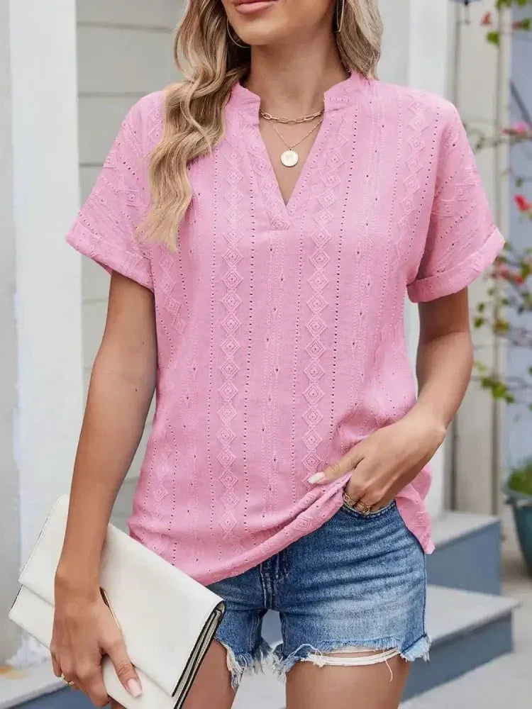 Eyelet Notched Short Sleeve Top - Update AvenueT-ShirtsTrendsi100100243827554100100243827554d051f014 - 9b3c - 4210 - 8919 - aa80a15c375e - Max - OriginPink