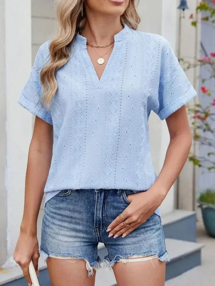 Eyelet Notched Short Sleeve Top - Update AvenueT-ShirtsTrendsi100100243829714100100243829714c49157bd - 62fe - 434a - acfe - 61882ba95907 - Max - OriginLight Blue