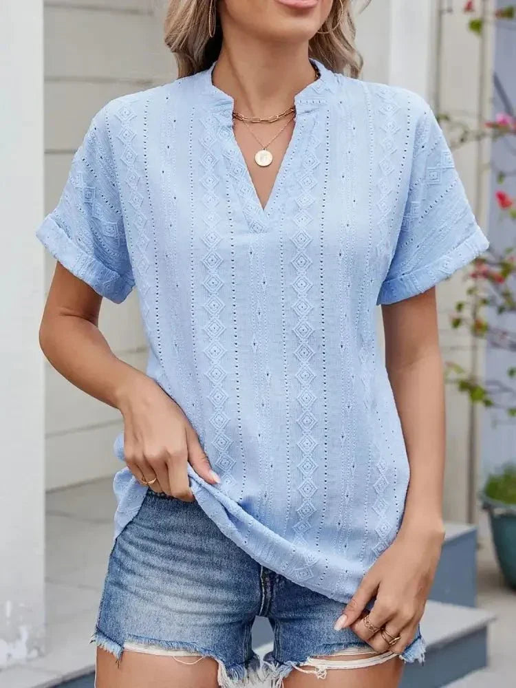 Eyelet Notched Short Sleeve Top - Update AvenueT-ShirtsTrendsi1001002438297141001002438297141a6dd70e - 9abe - 45d9 - 8793 - 619634adbc04 - Max - OriginLight Blue