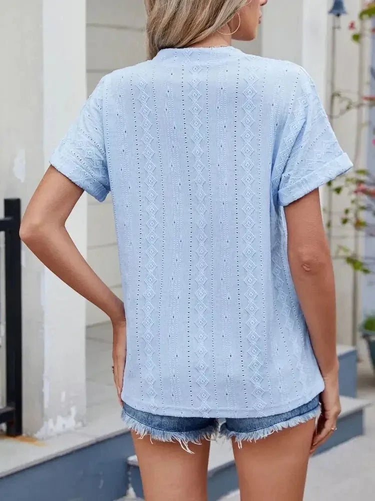 Eyelet Notched Short Sleeve Top - Update AvenueT-ShirtsTrendsi1001002438297141001002438297142aad5fb1 - 3b08 - 464a - 92d1 - 3c30062c52c6 - Max - OriginLight Blue