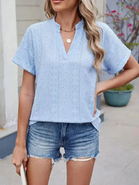 Eyelet Notched Short Sleeve Top - Update AvenueT-ShirtsTrendsi10010024382971410010024382971454d7b353 - 3a1f - 415c - b274 - 6dcac5027d3b - Max - OriginLight Blue
