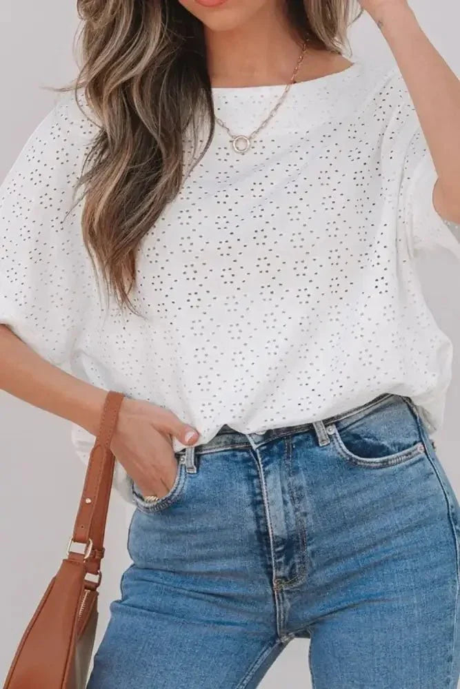 Eyelet Pattern Boat Neck Casual Tee - Update AvenueT-ShirtsTrendsi100100938309394100100938309394ade83bf9 - 550e - 45a5 - b5ed - d149e7840a6d - Max - OriginWhite