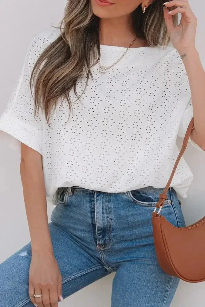 Eyelet Pattern Boat Neck Casual Tee - Update AvenueT-ShirtsTrendsi10010093830939410010093830939489f604be - cb0b - 4553 - a653 - cef431155a77 - Max - OriginWhite