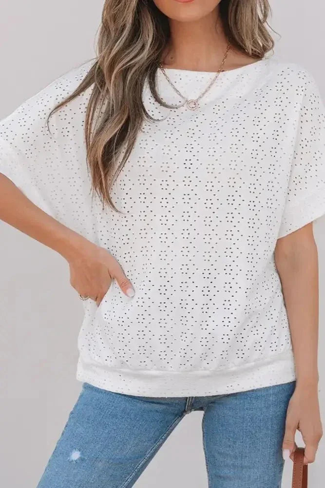 Eyelet Pattern Boat Neck Casual Tee - Update AvenueT-ShirtsTrendsi1001009383093941001009383093942ab8eecf - 9cc8 - 4f99 - 830a - efa00c435091 - Max - OriginWhite
