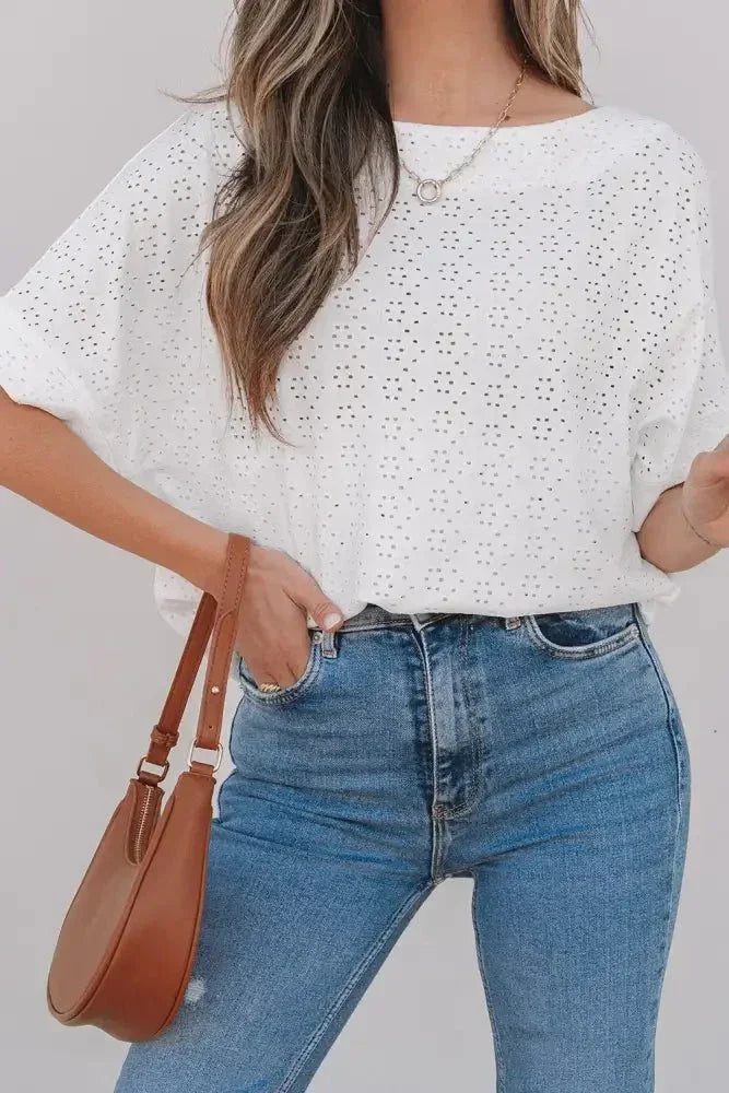 Eyelet Pattern Boat Neck Casual Tee - Update AvenueT-ShirtsTrendsi100100938309394100100938309394b39ac085 - d9a3 - 4073 - b2a7 - 978195ef2ab9 - Max - OriginWhite