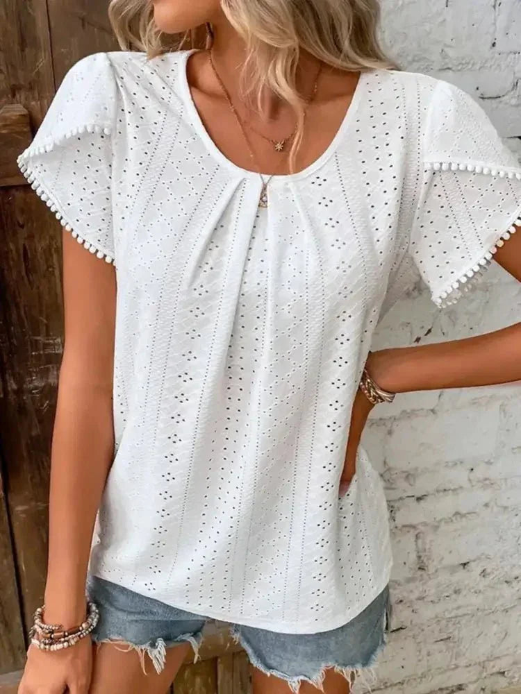 Eyelet Petal Sleeve Top with Pom Pom Trim - Update AvenueT-ShirtsTrendsi10010011039631110010011039631146ef577bfa6143f5a206701368f9a72e - Max - OriginWhite