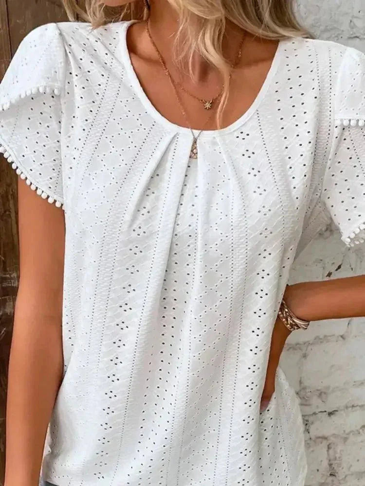 Eyelet Petal Sleeve Top with Pom Pom Trim - Update AvenueT-ShirtsTrendsi10010011039631110010011039631196a70f2a6f7a4f209f6ad64be944cf6e - Max - OriginWhite