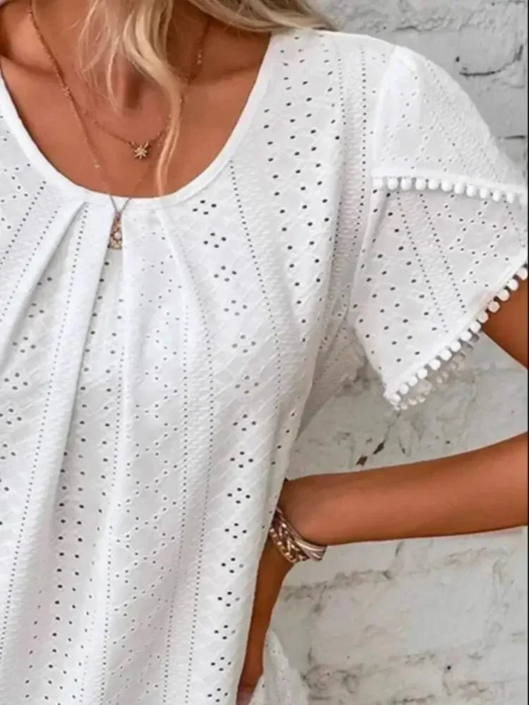 Eyelet Petal Sleeve Top with Pom Pom Trim - Update AvenueT-ShirtsTrendsi100100110396311100100110396311f5d0a450 - 7f94 - 429e - a8c3 - a3fa596d35f9 - Max - OriginWhite