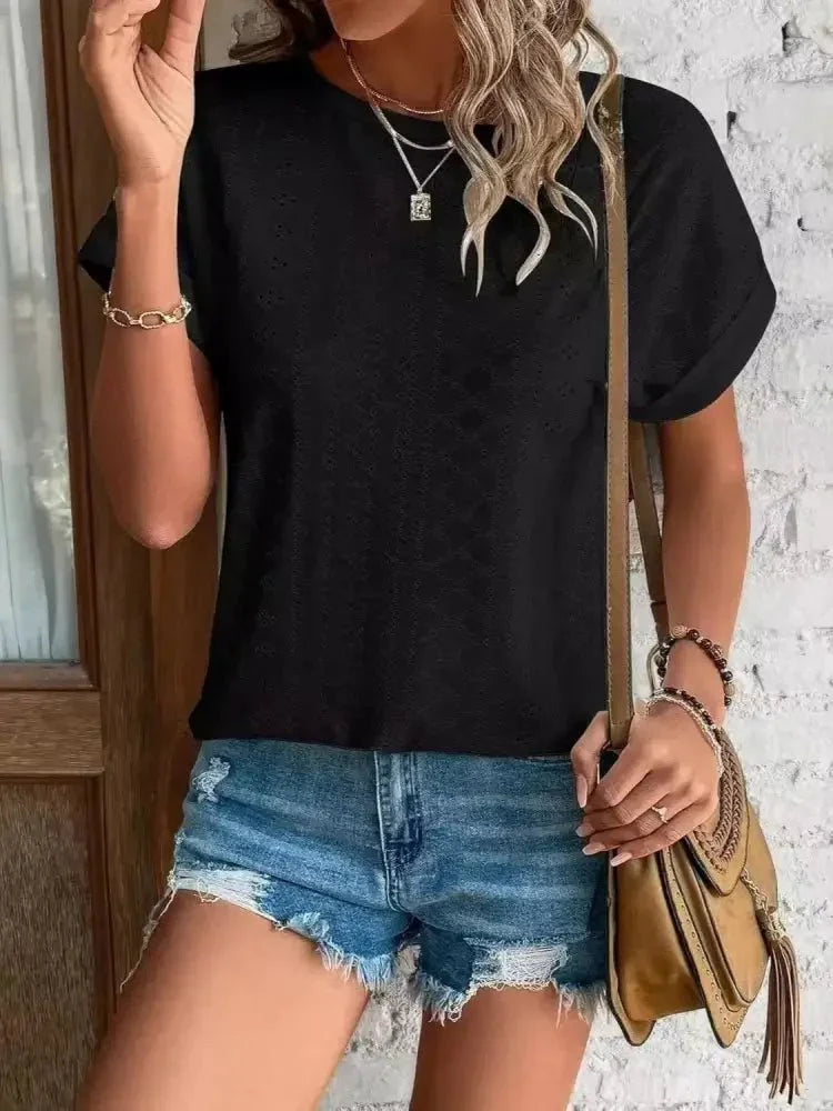 Eyelet Round Neck Short Sleeve T-Shirt - Update AvenueT-ShirtsTrendsi100100293915601100100293915601d1def452 - 9a64 - 4fbd - 9f65 - f861280ce22c - Max - OriginBlack