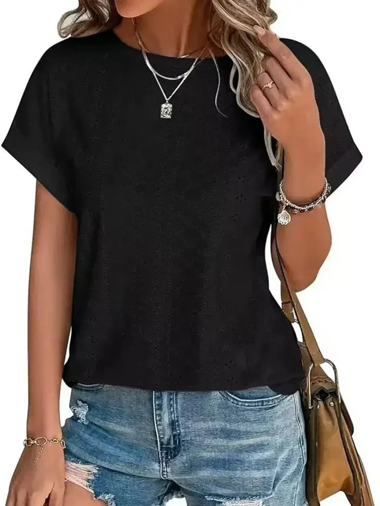 Eyelet Round Neck Short Sleeve T-Shirt - Update AvenueT-ShirtsTrendsi1001002939156011001002939156017befa65b - e739 - 46e4 - ba25 - 5b3151585dfe - Max - OriginBlack