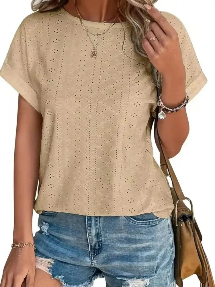 Eyelet Round Neck Short Sleeve T-Shirt - Update AvenueT-ShirtsTrendsi100100293917382100100293917382cc976688 - f442 - 4cb3 - a339 - 0d1481d18b84 - Max - OriginTan