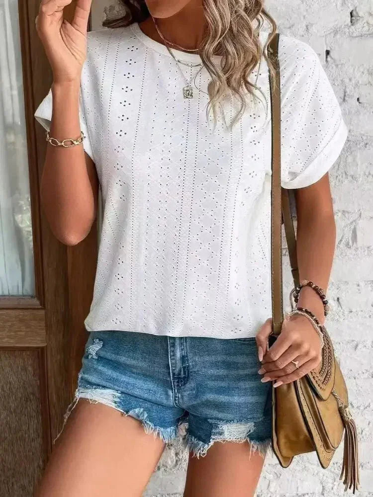 Eyelet Round Neck Short Sleeve T-Shirt - Update AvenueT-ShirtsTrendsi100100293919134100100293919134006a28f1 - e41b - 4e40 - 912c - 423857f53127 - Max - OriginWhite