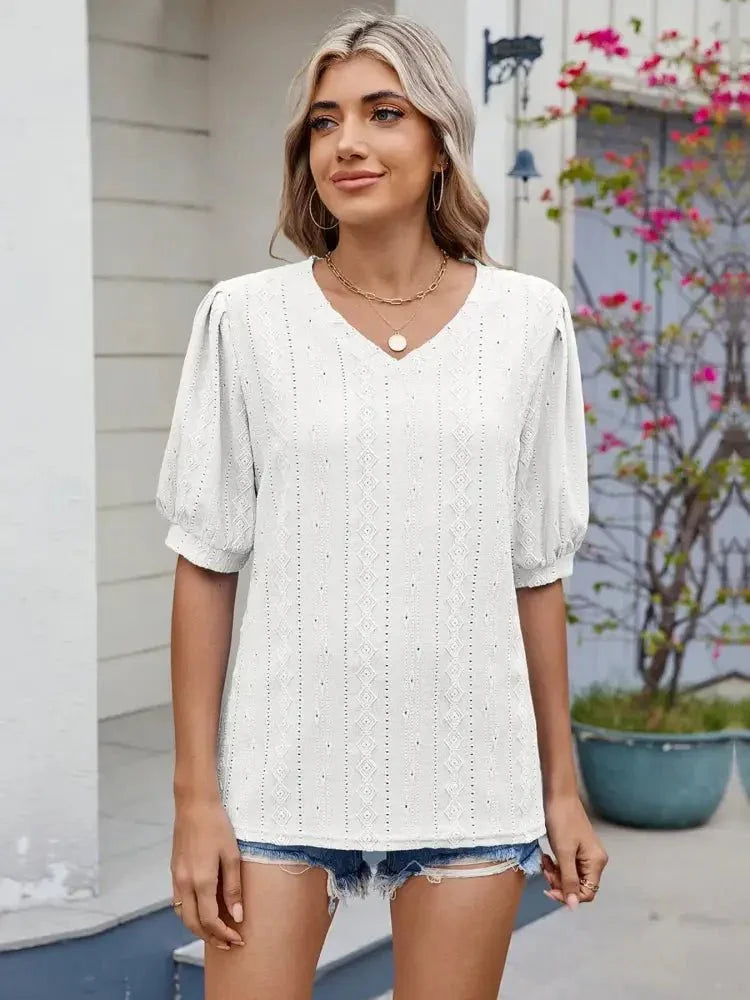 Eyelet V - Neck Puff Sleeve Casual Top - Update AvenueT-ShirtsTrendsi100100280573700100100280573700effd95c53e8b422b8ae53b32b3106376 - Max - OriginWhite
