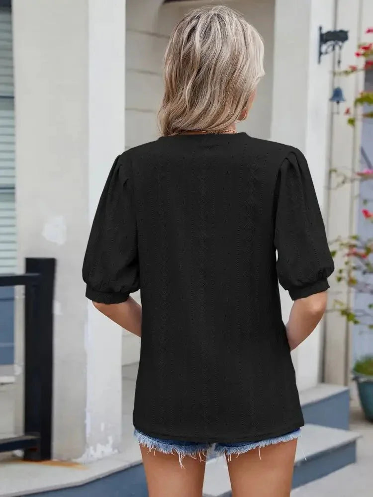 Eyelet V - Neck Puff Sleeve Casual Top - Update AvenueT-ShirtsTrendsi1001002805746791001002805746797ce30a6c35064b2db1286085bcc33541 - Max - OriginBlack