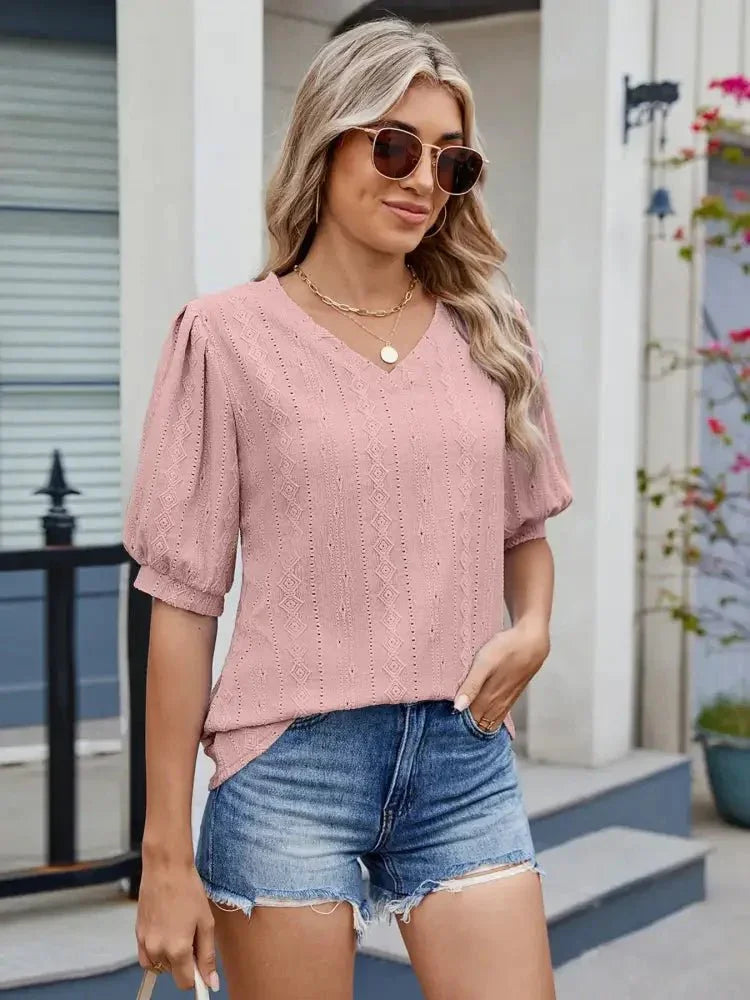 Eyelet V - Neck Puff Sleeve Casual Top - Update AvenueT-ShirtsTrendsi10010028057520210010028057520202c71cf4514e402fae380aaa6cb6af0f - Max - OriginDusty Pink