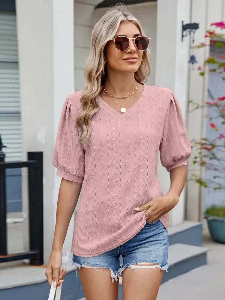 Eyelet V - Neck Puff Sleeve Casual Top - Update AvenueT-ShirtsTrendsi1001002805752021001002805752021398aeef35dc468fa17a2308aca63d0a - Max - OriginDusty Pink