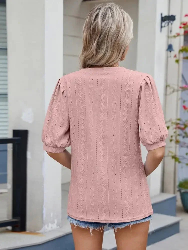 Eyelet V - Neck Puff Sleeve Casual Top - Update AvenueT-ShirtsTrendsi10010028057520210010028057520205bceea3ff2c4276b4ff3952b61700da - Max - OriginDusty Pink
