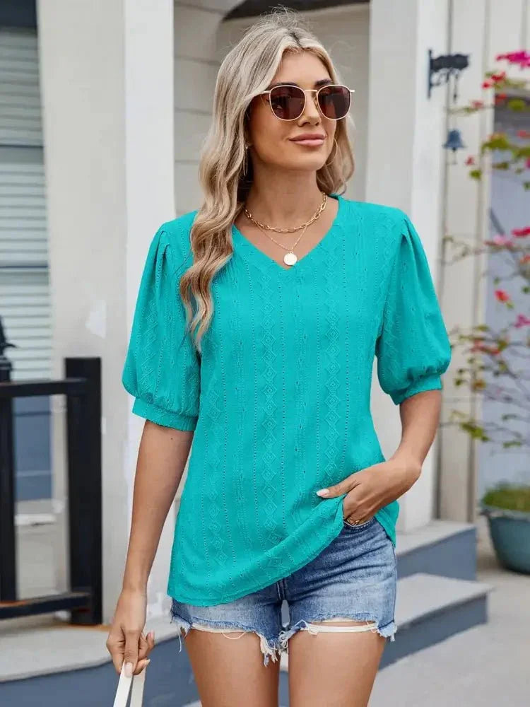 Eyelet V - Neck Puff Sleeve Casual Top - Update AvenueT-ShirtsTrendsi100100280576143100100280576143f220323880c24cc986e17cacbdfb7ffa - Max - OriginTurquoise