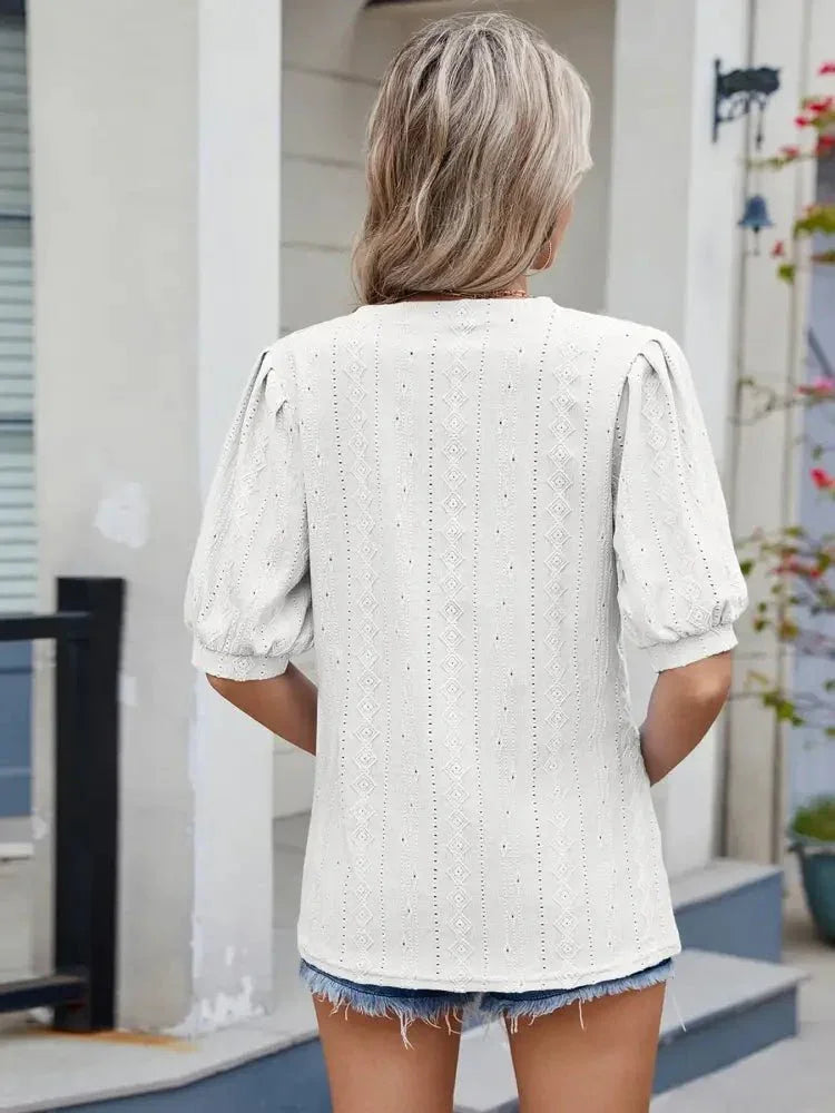 Eyelet V - Neck Puff Sleeve Casual Top - Update AvenueT-ShirtsTrendsi100100280576143100100280576143a4af43b8bee4432a9d5c8a83dfb3cfdf - Max - OriginTurquoise