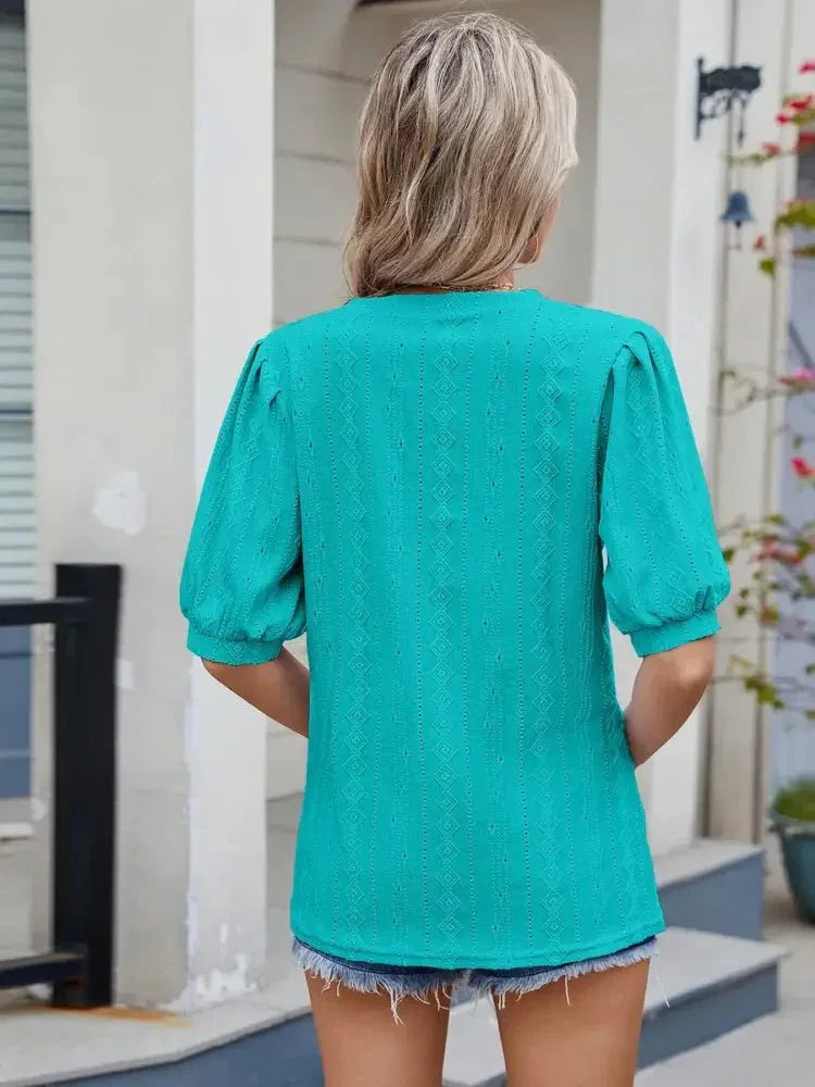Eyelet V - Neck Puff Sleeve Casual Top - Update AvenueT-ShirtsTrendsi100100280576143100100280576143476b374db95e49a080b8cd36e4fb1433 - Max - OriginTurquoise