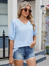 Eyelet V - Neck Puff Sleeve Casual Top - Update AvenueT-ShirtsTrendsi100100280577880100100280577880b2f2cd0bf91e4ba58b5720c6c77db74b - Max - OriginLight Blue