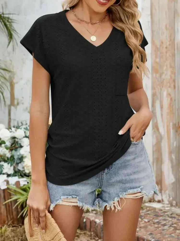 Eyelet V - Neck Short Sleeve Top - Update AvenueT-ShirtsTrendsi100100339046924100100339046924e1a11113 - 0b14 - 477a - 9a5b - 98b1a7514abe - Max - OriginBlack