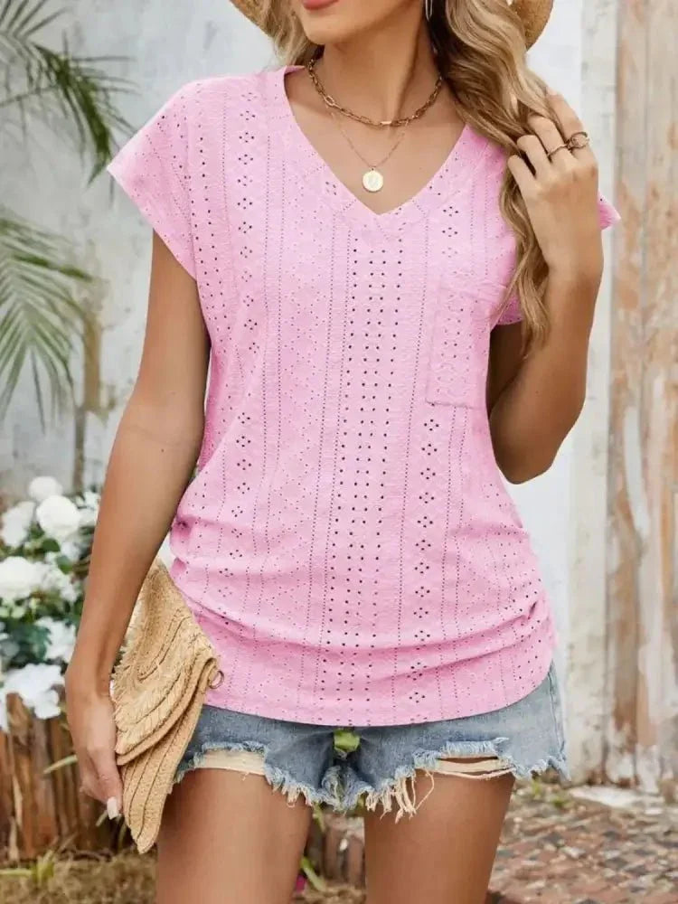 Eyelet V - Neck Short Sleeve Top - Update AvenueT-ShirtsTrendsi100100339049291100100339049291424155d1 - 4266 - 4be8 - 9bbf - fd0220473c8c - Max - OriginPink