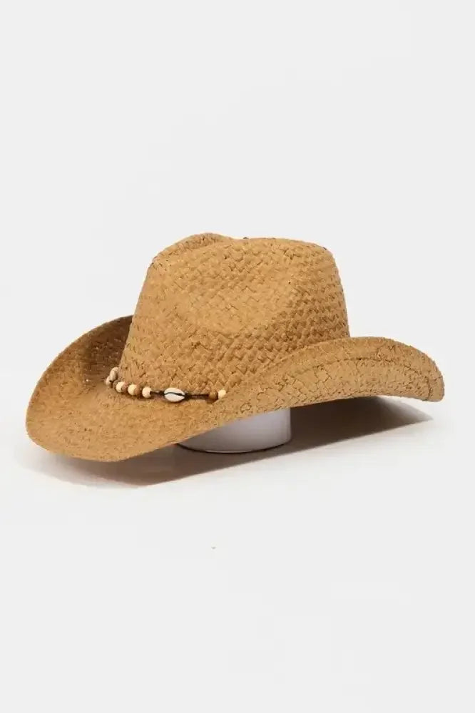 Fame Beaded Cowrie Shell Straw Weave Western Cowboy Hat