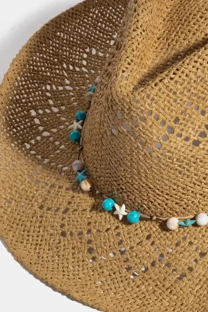 Fame Turquoise and Shell Star Beads Strap Western Straw Hat