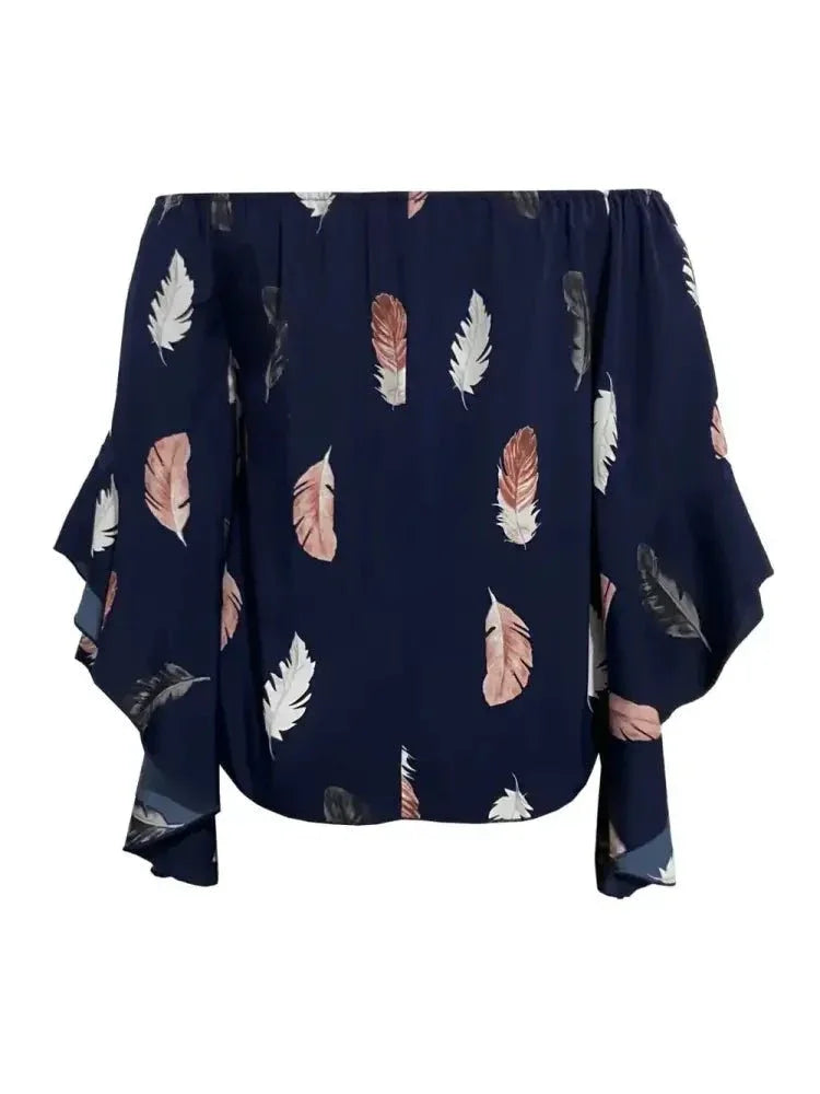 Feather Print Smocked Off - Shoulder Blouse - Update AvenueTrendsi100101581734395100101581734395f77ee75ea7cb488ca5e0de941eb53734 - MaxDark Blue