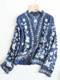 Floral Embroidered Button Up Denim Shirt