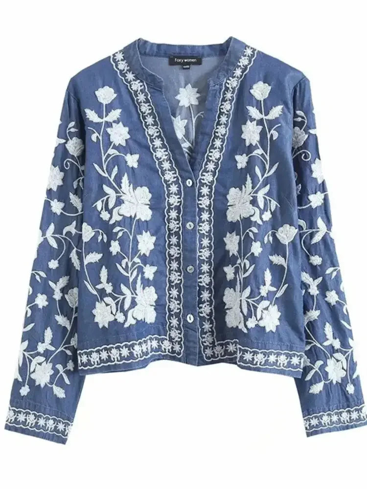 Floral Embroidered Button Up Denim Shirt