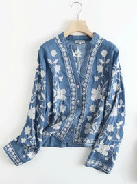 Floral Embroidered Button Up Denim Shirt