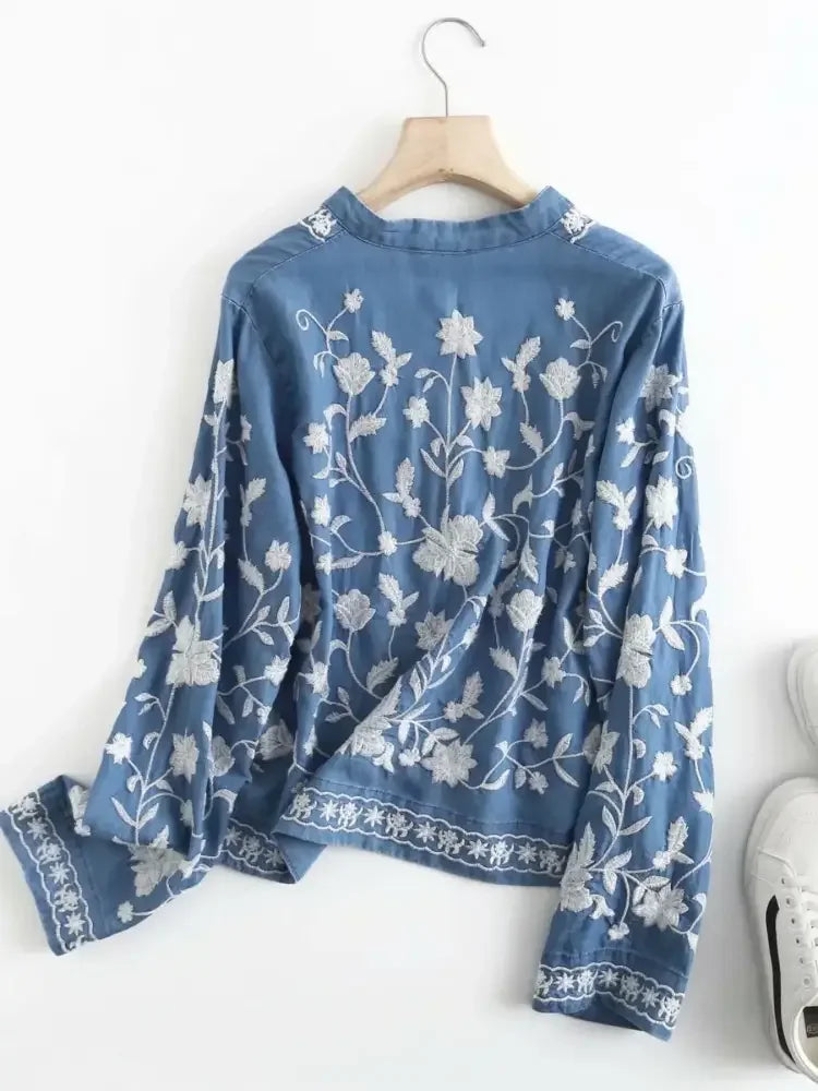 Floral Embroidered Button Up Denim Shirt
