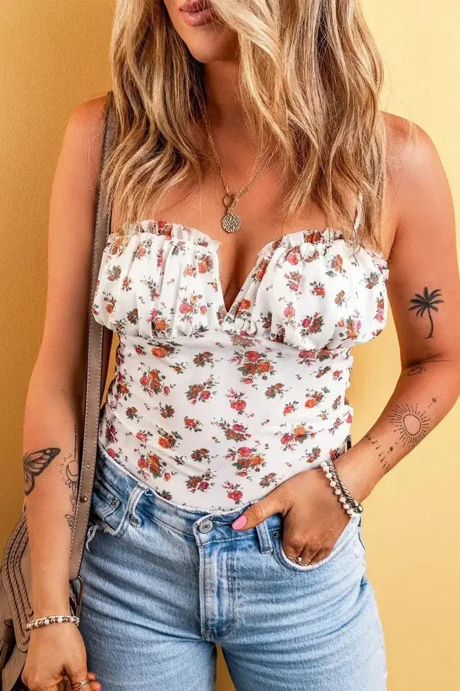 Floral Frilled Trim Spaghetti Straps Bodysuit - Update AvenueVacation StyleTrendsi100100464079788100100464079788c096d767 - ed66 - 47a8 - b626 - 853fa600e369 - MaxWhite