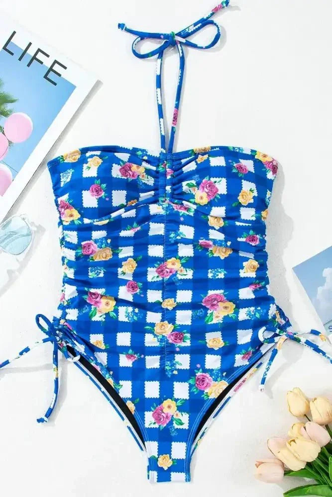 Floral Gingham Halter Neck Drawstring One Piece Swimwear - Update AvenueTrendsi1001007567550271001007567550270d37bb4f - dd06 - 40a2 - bf61 - 60ab00603417 - MaxBlue
