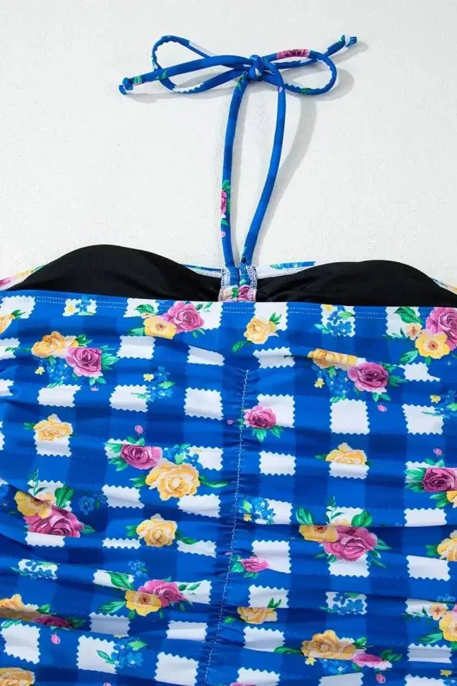 Floral Gingham Halter Neck Drawstring One Piece Swimwear - Update AvenueTrendsi1001007567550271001007567550274101f318 - 4f0e - 4707 - 917c - b5f789e6c172 - MaxBlue