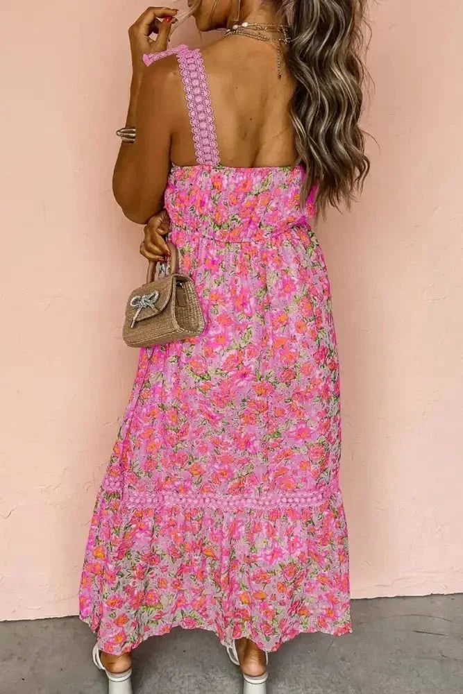 Floral Lace Wide Strap Square Neck Maxi Dress - Update AvenueBoho VibesTrendsi100100248631716100100248631716Floral lace wide strap square neck maxi dress in pink with floral design, back view, styled with a small handbag.Fuchsia Pink