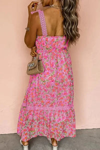 Floral Lace Wide Strap Square Neck Maxi Dress - Update AvenueBoho VibesTrendsi100100248631716100100248631716Floral lace wide strap square neck maxi dress in pink with floral design, back view, styled with a small handbag.Fuchsia Pink