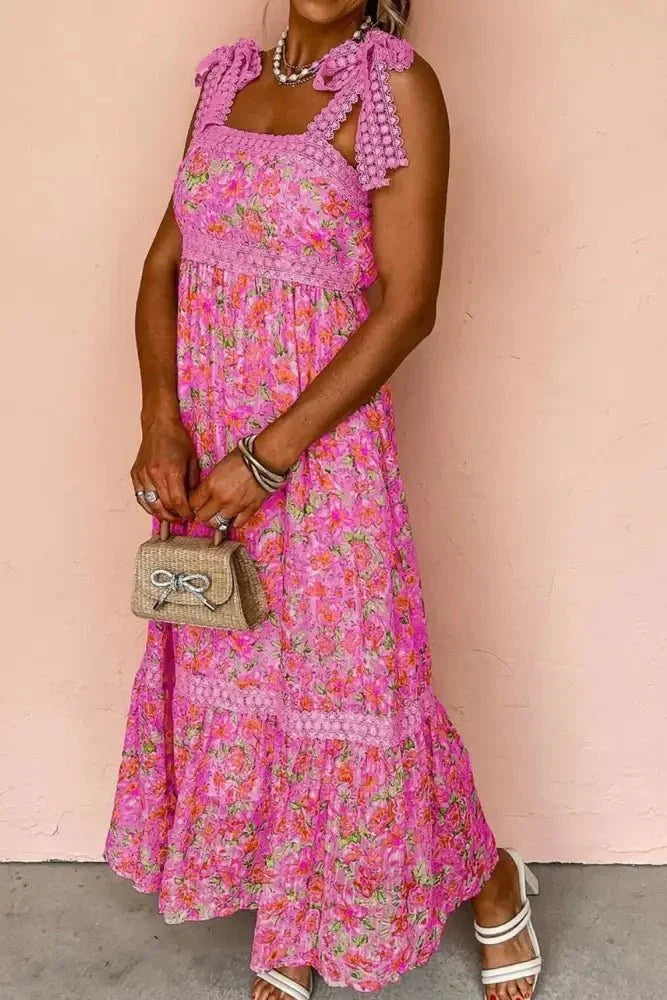 Floral Lace Wide Strap Square Neck Maxi Dress - Update AvenueBoho VibesTrendsi100100248631716100100248631716Floral lace wide strap square neck maxi dress in pink, featuring tied bow straps and a flowing silhouette.Fuchsia Pink