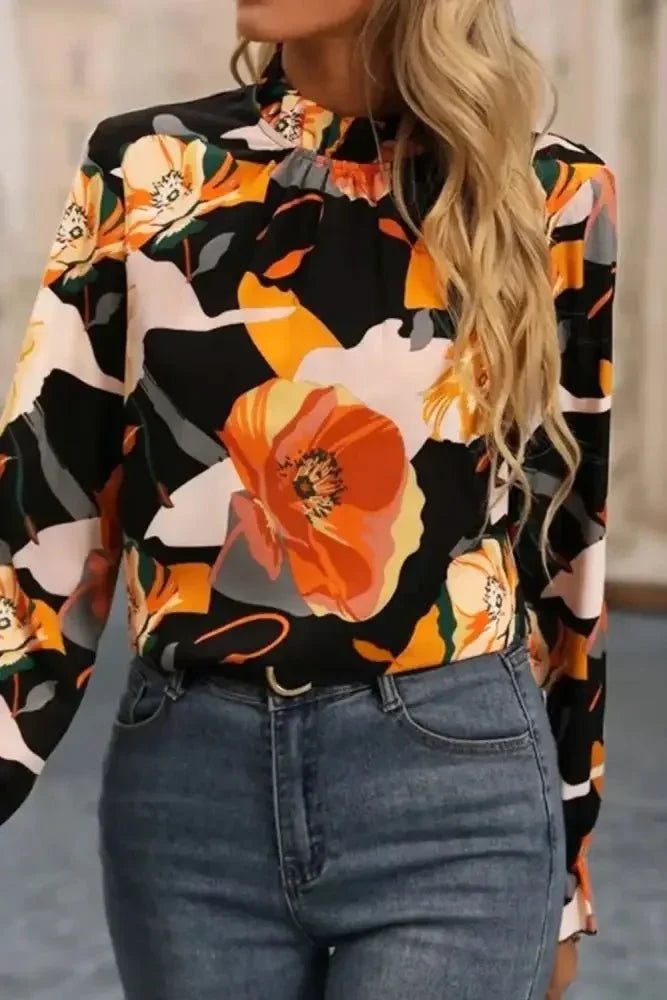 Floral Mock Neck Flounce Sleeve Blouse - Update AvenueTrendsi100101618673693100101618673693467f2ed5d3f7438d9dcd0504abaab22d - MaxBlack