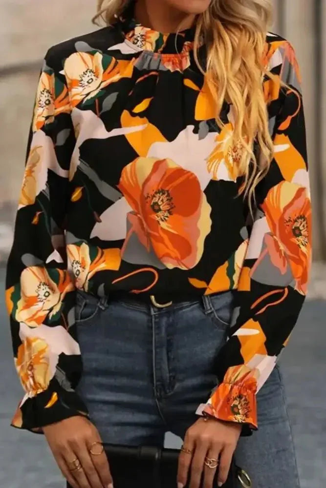 Floral Mock Neck Flounce Sleeve Blouse - Update AvenueTrendsi100101618673693100101618673693383467302acb4775b02e7453eb8135b1 - MaxBlack