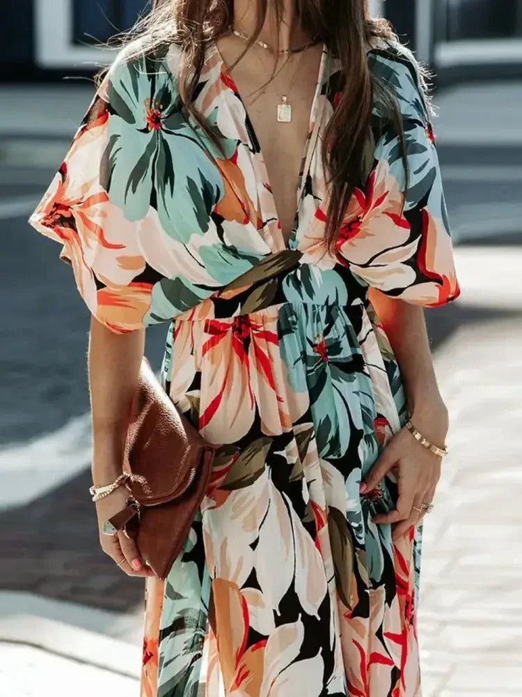 Floral Plunge Half Sleeve Dress - Update AvenueVacation StyleTrendsi100100697396757100100697396757657dd599 - 8771 - 4c70 - bd50 - 47a4e7405365 - MaxFloral