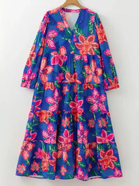Floral Print 3/4 Sleeve V Neck Tiered Dress