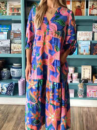 Floral Print 3/4 Sleeve V Neck Tiered Dress