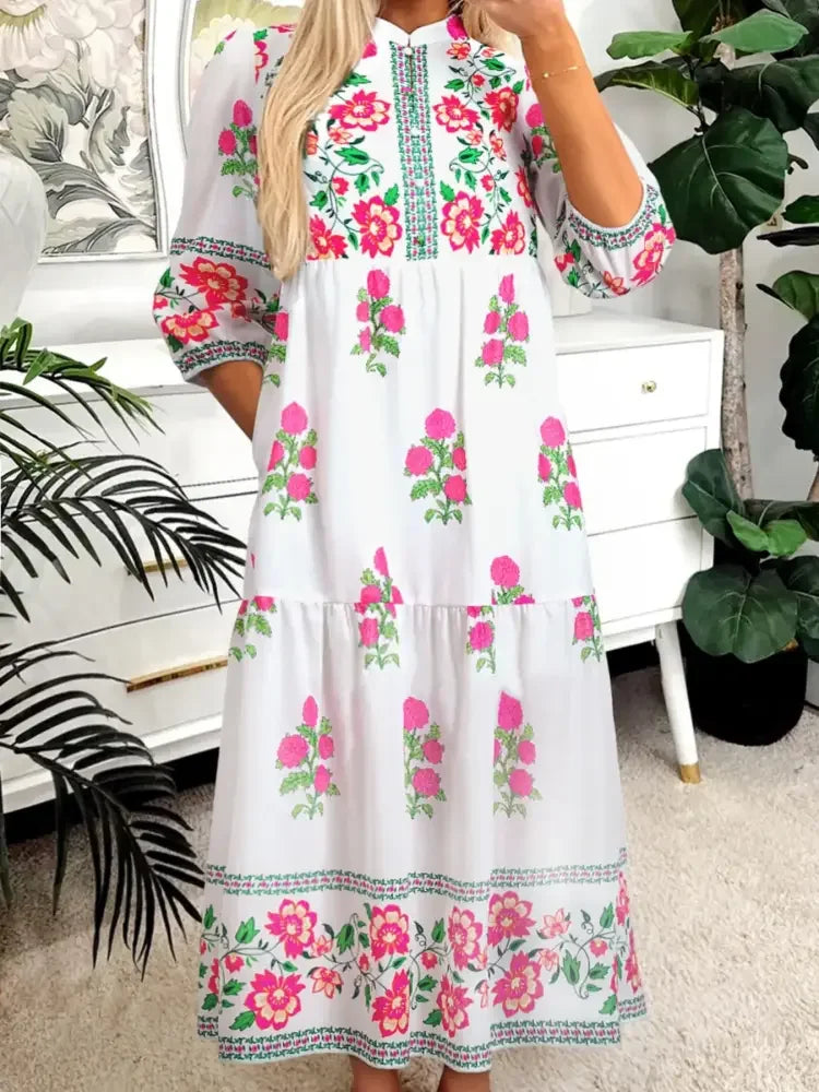 Floral Print Half Button Mandarin Neck 3/4 Sleeve Maxi Dress