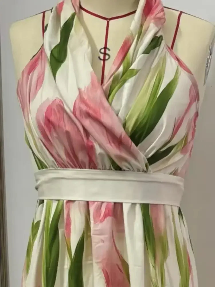 Floral Print Halter Neck Maxi Dress