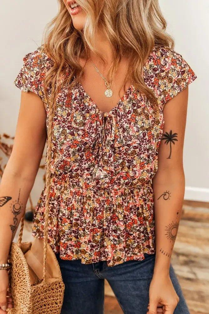 Floral Print Knot V Neck Ruffled Sleeve Blouse - Update AvenueBoho VibesTrendsi100100730560824100100730560824aee2531c - e877 - 49b3 - 9952 - a28ec5c781fc - Max - OriginFloral