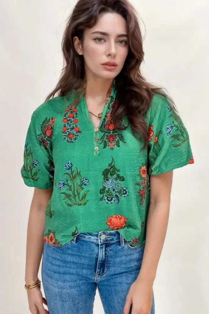 Floral Print Notched Short Sleeve Blouse - Update AvenueBoho VibesTrendsi10010025119197810010025119197811cf5398 - f7a0 - 4258 - a8cc - a7da38a25a8e - Max - OriginDark Green
